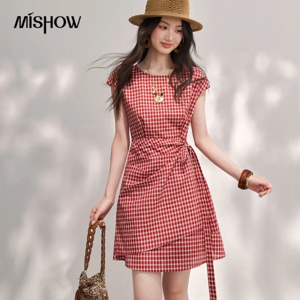 MISHOW Women’s Gingham Plaid Dress 2026 Summer French Cap Sleeve Round Neck Tie Waist Slim Fit Vintage Midi Dress MXF28L2778