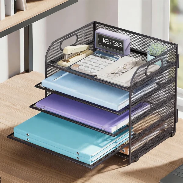 Metal Mesh File Holder 5 Layers – Large Capacity Letter Tray Organizer – Easy Assembly Tool-Free – Desktop Document Storage Rack – Modern Study Office Accessory