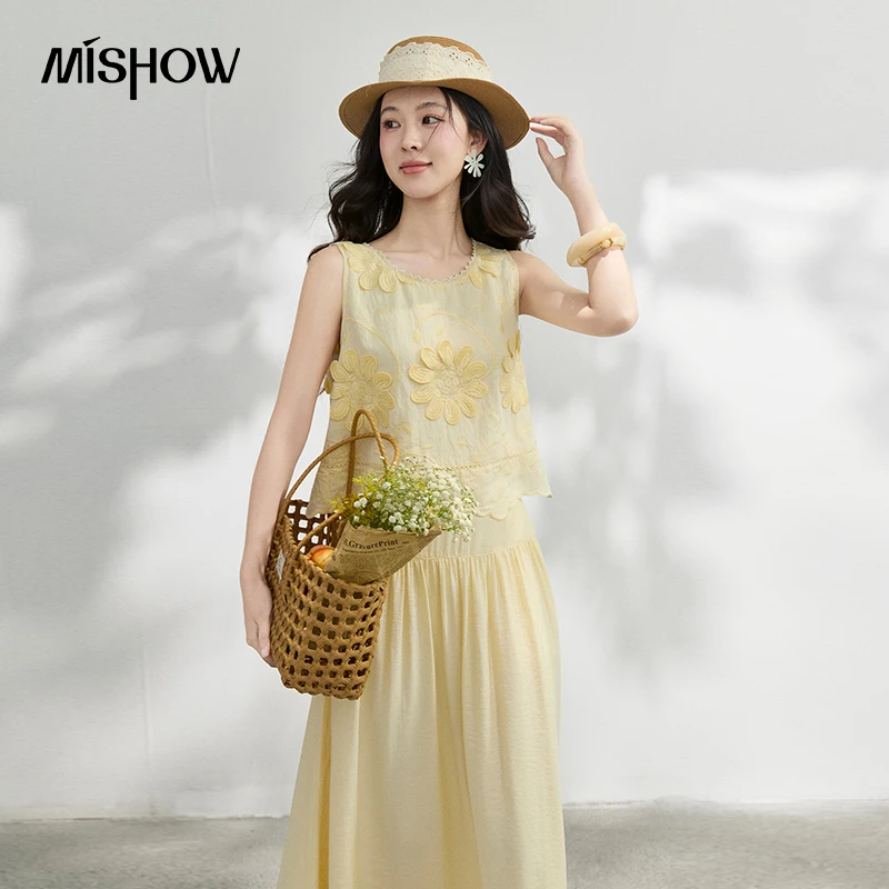 MISHOW French Floral Embroidery Blouse Solid Skirt Sets Summer Sleeveless Tank Top High Waist Midi Skirt Vacation Set MXF25T1627 1
