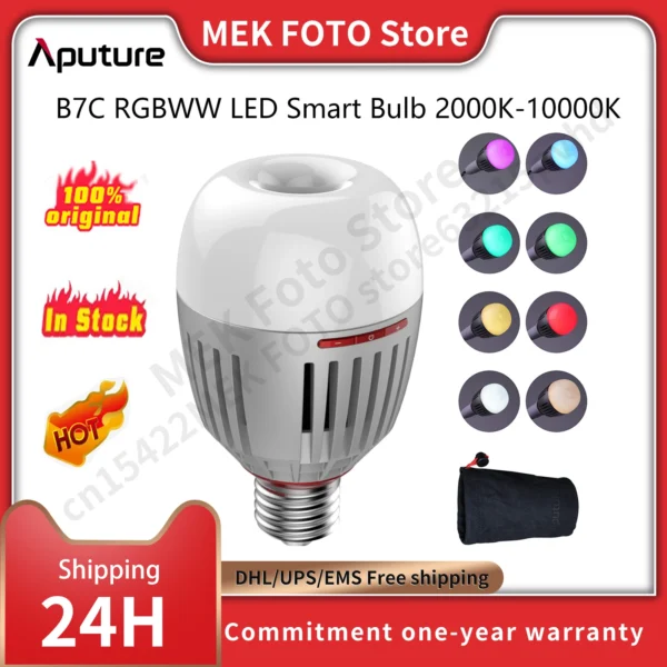 Aputure B7C 7W RGBWW LED Smart Bulb CRI 2000K-10000K Adjustable 0-100% Stepless Dimming App Control Photography Lights