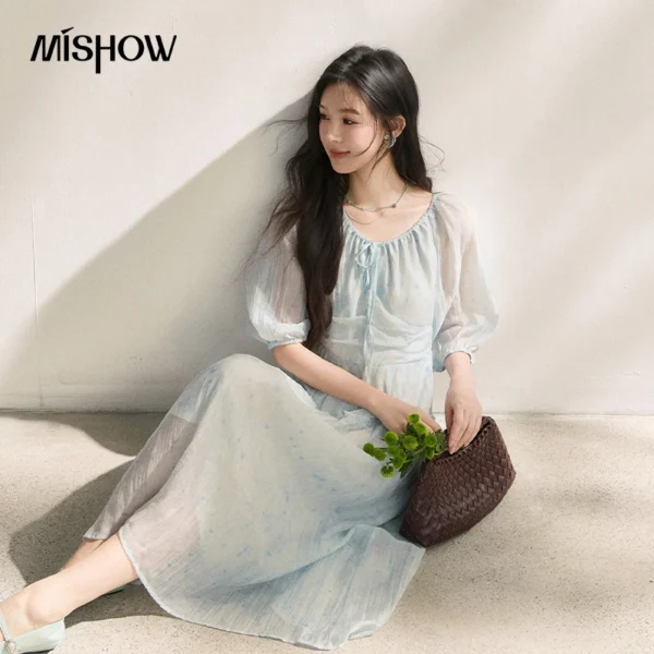 MISHOW Women’s Three-quarter Sleeve Dress Summer 2026 Adjustable Edition Drawstring Bubble Sleeve Printed Dresses MXE41L2479