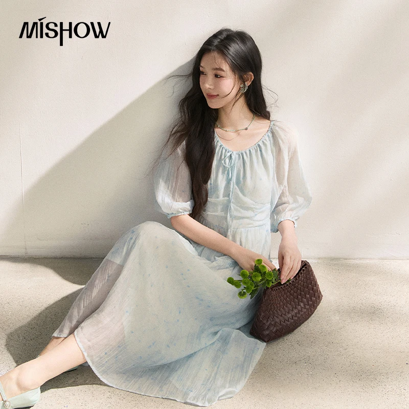 MISHOW Women’s Three-quarter Sleeve Dress Summer 2026 Adjustable Edition Drawstring Bubble Sleeve Printed Dresses MXE41L2479 MISHOW Women’s Three-quarter Sleeve Dress Summer 2026 Adjustable Edition Drawstring Bubble Sleeve Printed Dresses MXE41L2479