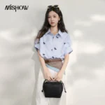 MISHOW Blue Striped Horse Embroidery Shirt Summer Lapel Collar Short Sleeve Top Elastic Hem Casual Commuter Shirts MXF27C2503