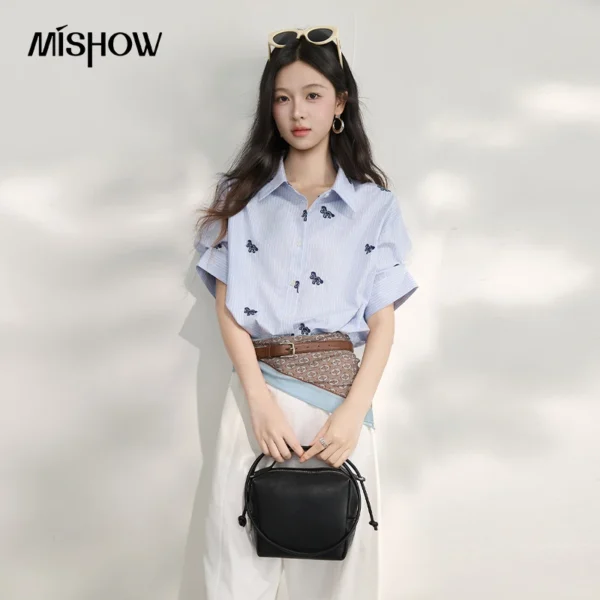 MISHOW Blue Striped Horse Embroidery Shirt Summer Lapel Collar Short Sleeve Top Elastic Hem Casual Commuter Shirts MXF27C2503