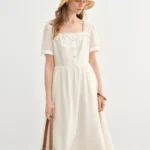 DUSHU Holiday Wave Playful Skirt Summer Travel Midi-length Dresses Lace Ribbon Square Neck Dress 25DS82742