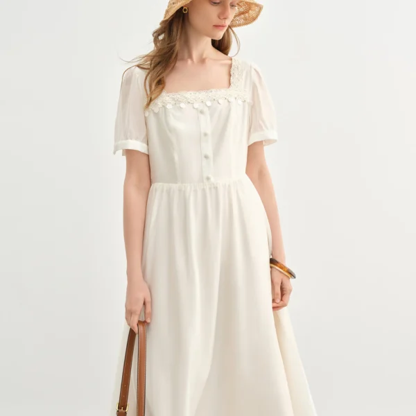 DUSHU Holiday Wave Playful Skirt Summer Travel Midi-length Dresses Lace Ribbon Square Neck Dress 25DS82742