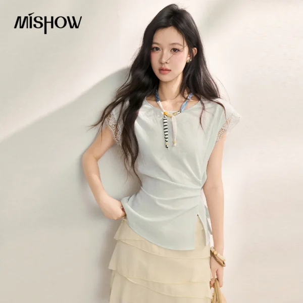 MISHOW Women Ruched Waist T-shirt Round Neck Cap Sleeve Tie Back Bow Top Slim Fit Solid Casual 2026 Summer New Tee MXF23X2637