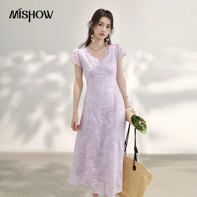 MISHOW Women's Lace V Neck Ruffle Midi Dress 2026 Summer  Eyelet Embroidery Slim Fairy Style Light Purple Long Dress MXF26L2685 1