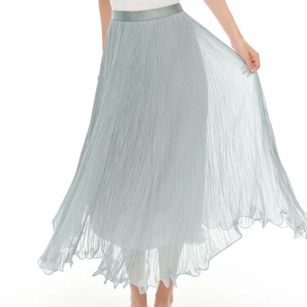 DUSHU Women High Waist A-Line Skirt 2026 Summer Chiffon Crinkled Ruffle Hem Flowy Casual Skirt Loose Fit Fairy Midi Light Blue
