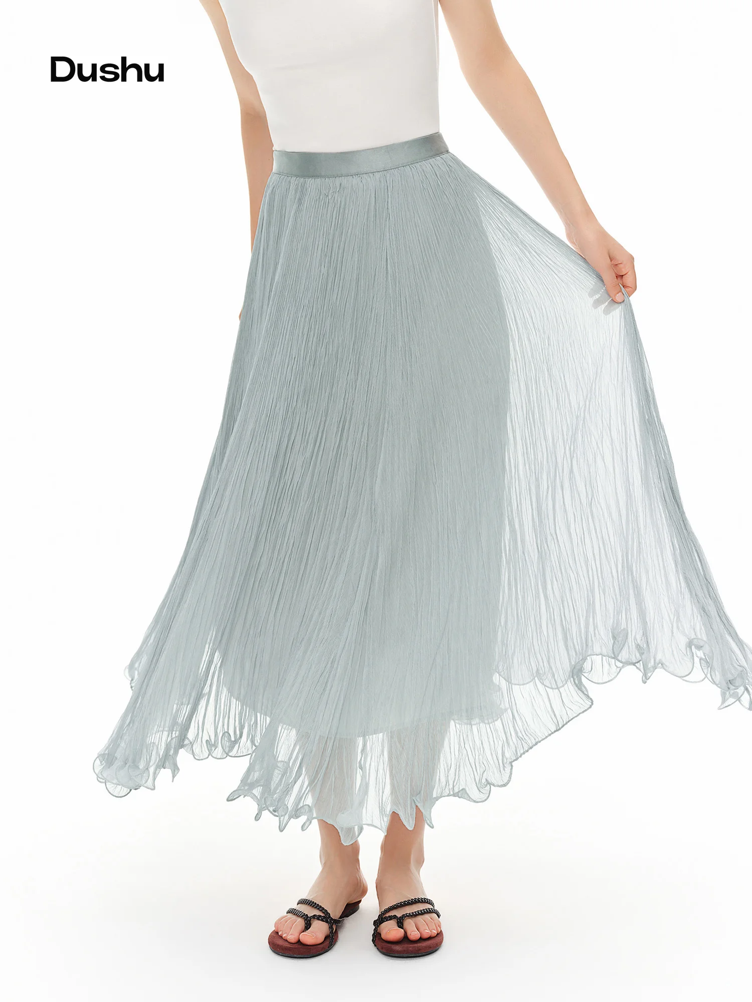 DUSHU Women High Waist A-Line Skirt 2026 Summer Chiffon Crinkled Ruffle Hem Flowy Casual Skirt Loose Fit Fairy Midi Light Blue DUSHU Women High Waist A-Line Skirt 2026 Summer Chiffon Crinkled Ruffle Hem Flowy Casual Skirt Loose Fit Fairy Midi Light Blue