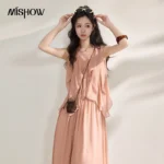 MISHOW French Romantic Style Layered Ruffle Pink Dress Set 2026 Summer New Two-Piece Set Gift Vintage Woven Bag MXF22T1554
