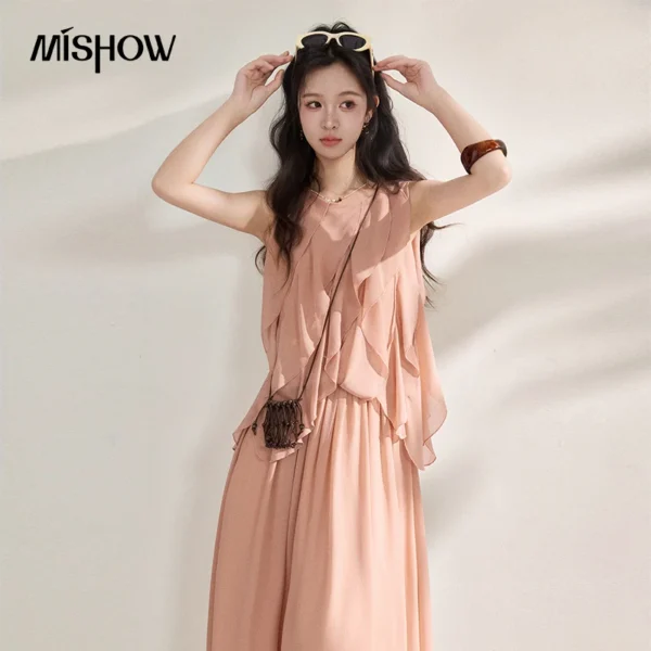 MISHOW French Romantic Style Layered Ruffle Pink Dress Set 2026 Summer New Two-Piece Set Gift Vintage Woven Bag MXF22T1554