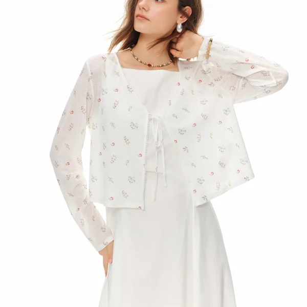 DUSHU 2026 Summer Lace V-Neck Tie Cardigan Thin Loose Cover Up Elegant Breathable Casual Blouse for Women Daily Wear
