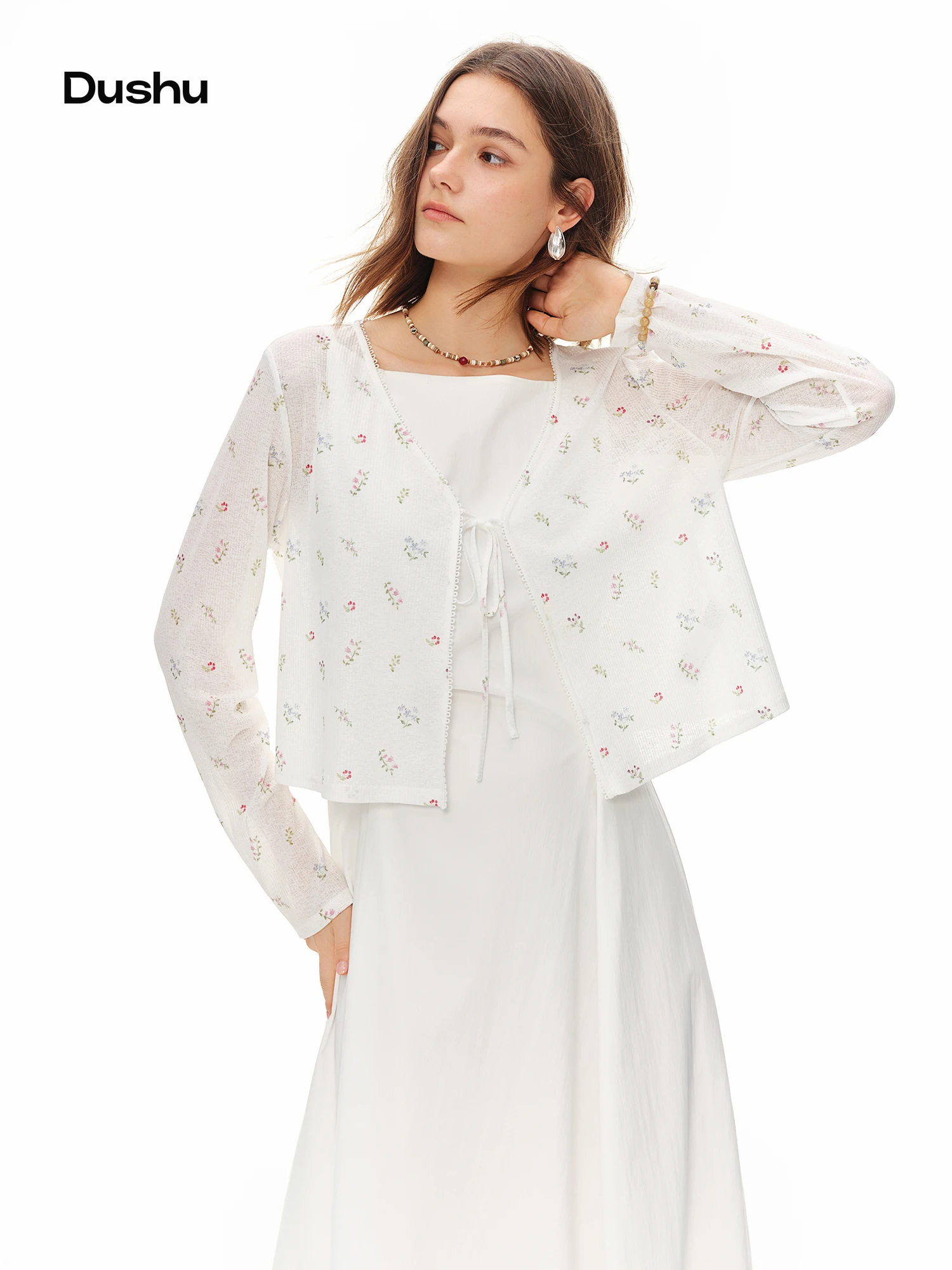 DUSHU 2026 Summer Lace V-Neck Tie Cardigan Thin Loose Cover Up Elegant Breathable Casual Blouse for Women Daily Wear DUSHU 2026 Summer Lace V-Neck Tie Cardigan Thin Loose Cover Up Elegant Breathable Casual Blouse for Women Daily Wear