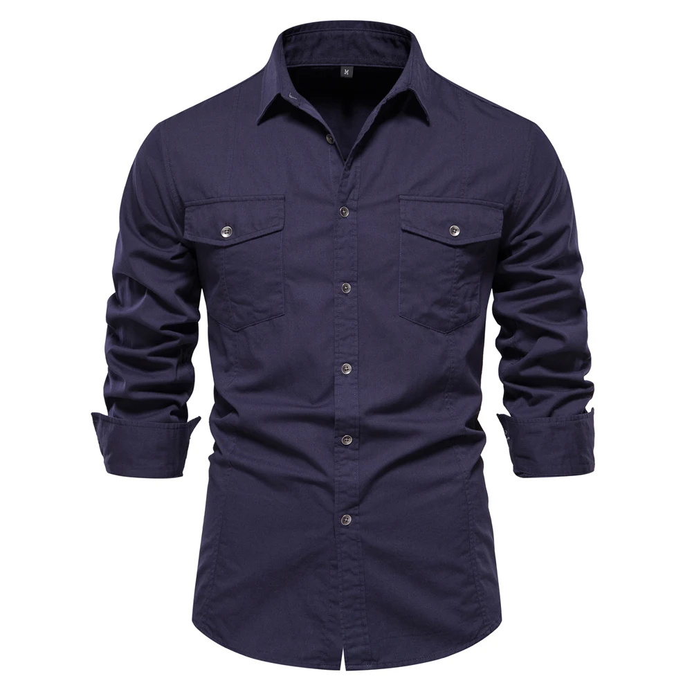 AIOPESON 2023 New Autumn Military Style 100% Cotton Pocket Shirt for Men Solid Color Slim Casual Men Shirts Long Sleeve AIOPESON 2023 New Autumn Military Style 100% Cotton Pocket Shirt for Men Solid Color Slim Casual Men Shirts Long Sleeve