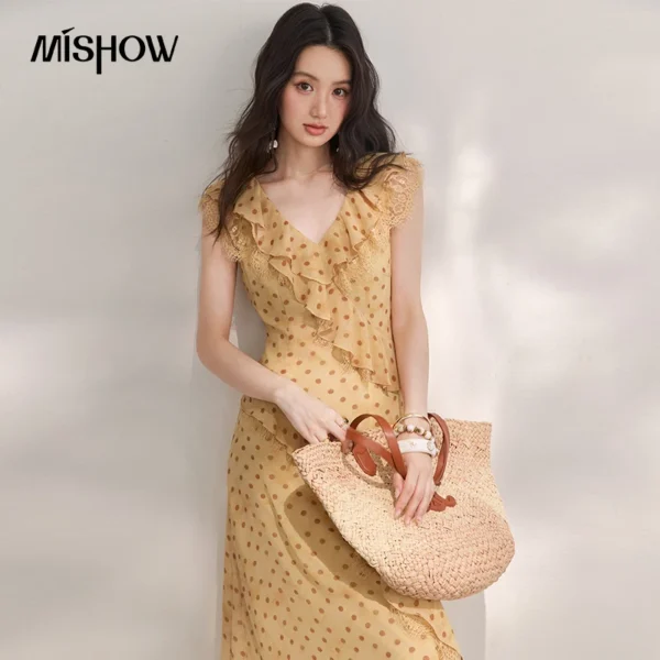 MISHOW Women’s Vintage Polka Dot Midi Dress 2026 Summer French V Neck Lace Ruffle Dress Sleeveless Slim Long Dresses MXF29L2745