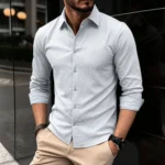 AIOPESON Men’s Long Sleeve Cotton Shirt Button down Linen Blend Soft Casual Solid Color Spring Autumn Daily Wear