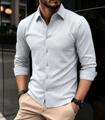 AIOPESON Men's Long Sleeve Cotton Shirt Button down Linen Blend Soft Casual Solid Color Spring Autumn Daily Wear 1