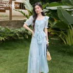 MISHOW Women’s Chiffon Blouse Skirt 2pcs Set Summer Ruffle V Neck Puff Sleeve Blouse Elastic Waist Midi Skirt Set MXF20T1720