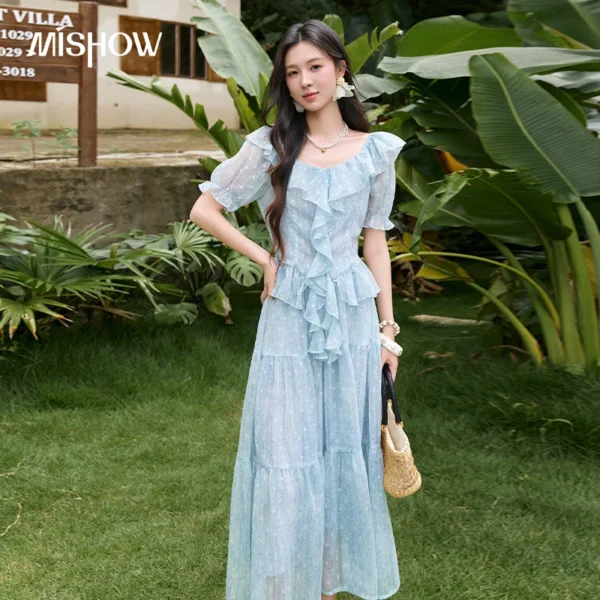 MISHOW Women’s Chiffon Blouse Skirt 2pcs Set Summer Ruffle V Neck Puff Sleeve Blouse Elastic Waist Midi Skirt Set MXF20T1720