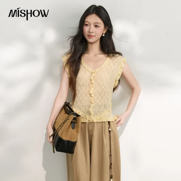 MISHOW Women’s Yellow Hollow Knitted Tank Tees 2026 Summer V Neck Ruffle Trim Sleeveless Elegant Texture Knit Tops MXF27Z3127