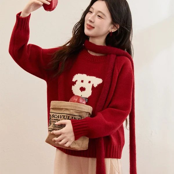 MISHOW New Year Women’s Puppy Jacquard Crew Neck Knit Sweater 2026 Spring Loose Casual Red Sweater Excluding Scarf MXE93Z2932