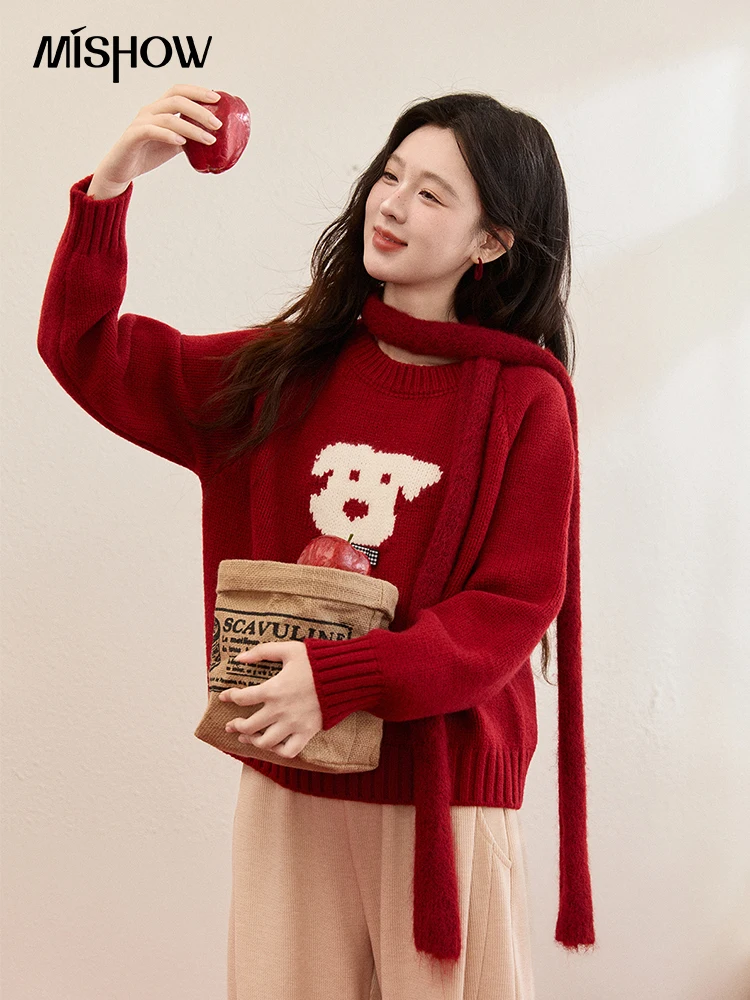 MISHOW New Year Women’s Puppy Jacquard Crew Neck Knit Sweater 2026 Spring Loose Casual Red Sweater Excluding Scarf MXE93Z2932 MISHOW New Year Women’s Puppy Jacquard Crew Neck Knit Sweater 2026 Spring Loose Casual Red Sweater Excluding Scarf MXE93Z2932