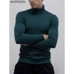 AIOPESON Men’s Turtleneck Sweater Solid Color with Striped Pullover Warm Knitwear Winter Basic Casual High Quality Sweater Male