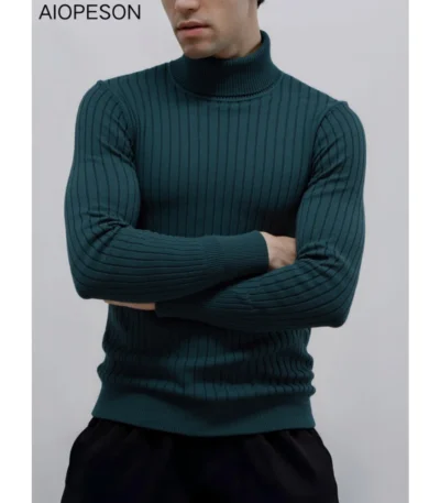 AIOPESON Men's Turtleneck Sweater Solid Color with Striped Pullover Warm Knitwear Winter Basic Casual High Quality Sweater Male 1
