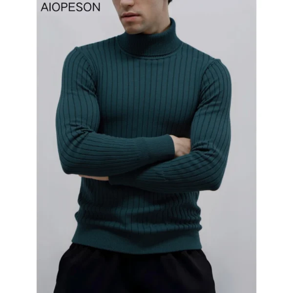 AIOPESON Men’s Turtleneck Sweater Solid Color with Striped Pullover Warm Knitwear Winter Basic Casual High Quality Sweater Male
