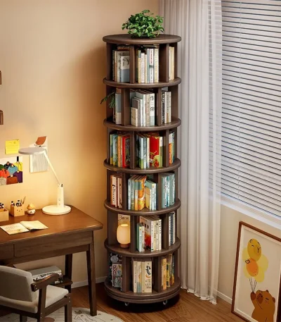 Solid Wood Rotating Bookshelf with Wheels Spinning Bookcase for Home Office Furniture Shelf Easy Assembly Wooden Furniture