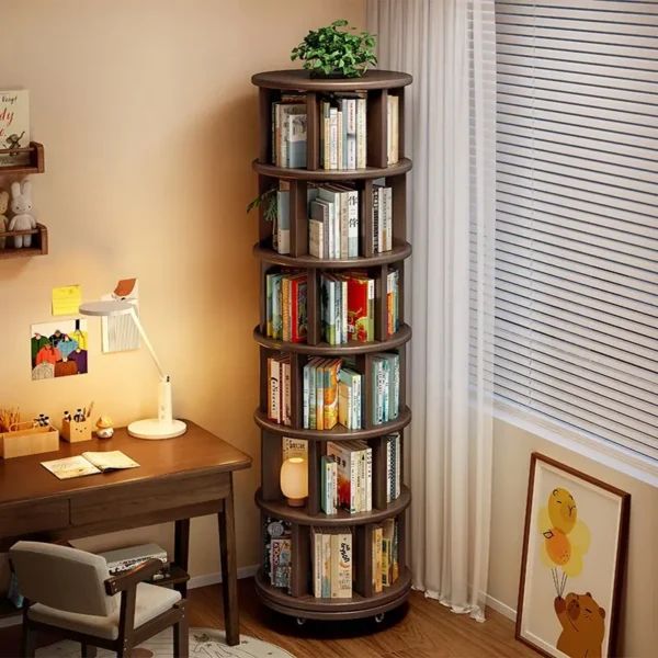 Solid Wood Rotating Bookshelf with Wheels Spinning Bookcase for Home Office Furniture Shelf Easy Assembly Wooden Furniture
