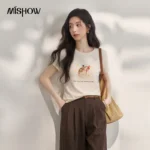 MISHOW Casual Fashion Cat Printed Beading T-Shirt For Women 2026 Summer Cute Design Round Neck Short Sleeve Top MXF24T1615