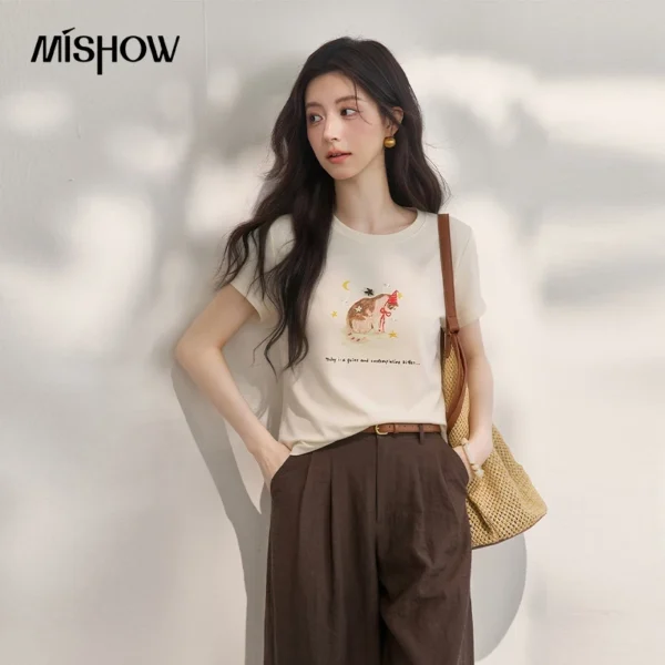 MISHOW Casual Fashion Cat Printed Beading T-Shirt For Women 2026 Summer Cute Design Round Neck Short Sleeve Top MXF24T1615