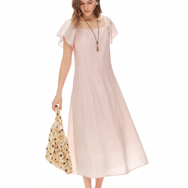 DUSHU Women’s 2026 Summer New Square Neck Lyocell Ramie Dress Fashionable Elegant Midi Dress Figure-Friendly Multi-Size Dress