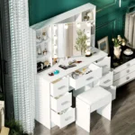 Minimalist natural wood vanity with light-up mirror – 3 light modes, slide-out drawers & shelves