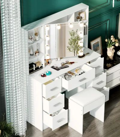 Minimalist natural wood vanity with light-up mirror – 3 light modes, slide-out drawers & shelves