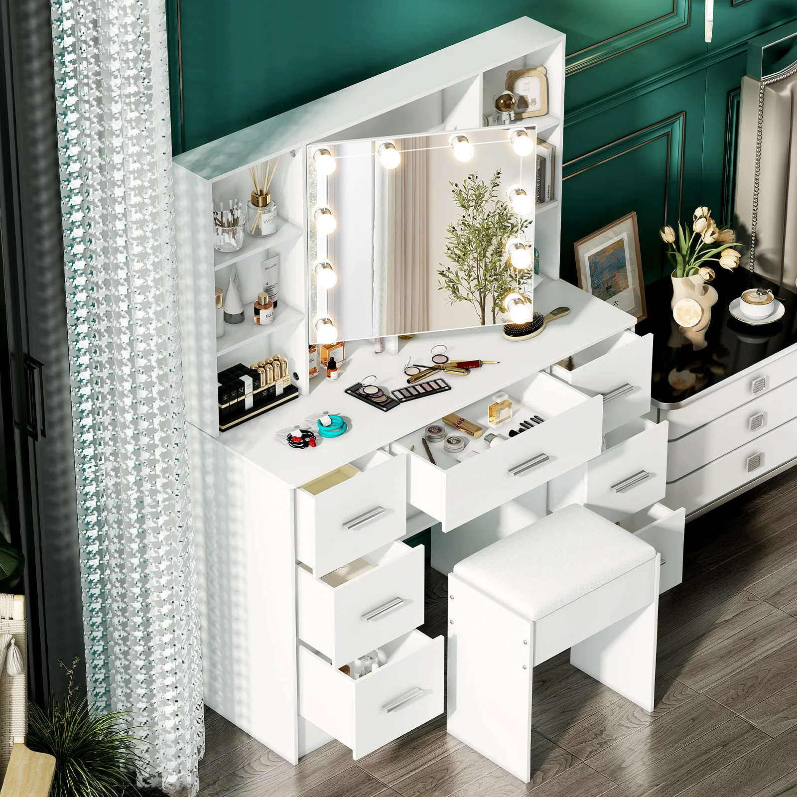 Minimalist natural wood vanity with light-up mirror – 3 light modes, slide-out drawers & shelves Minimalist natural wood vanity with light-up mirror – 3 light modes, slide-out drawers & shelves