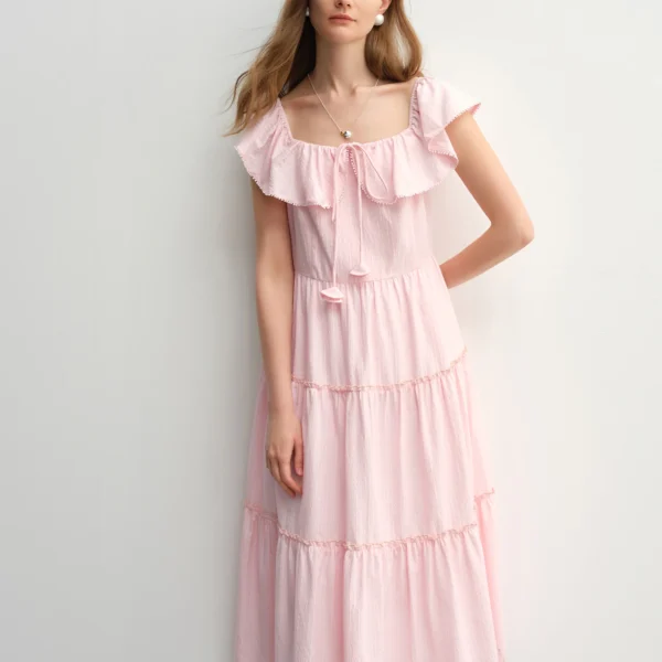 DUSHU Plus Size Ruffled Cake Shape Pink White Dress For Women 2025 Summer New Arrival Elegant French Style Long Dress 25DS82360