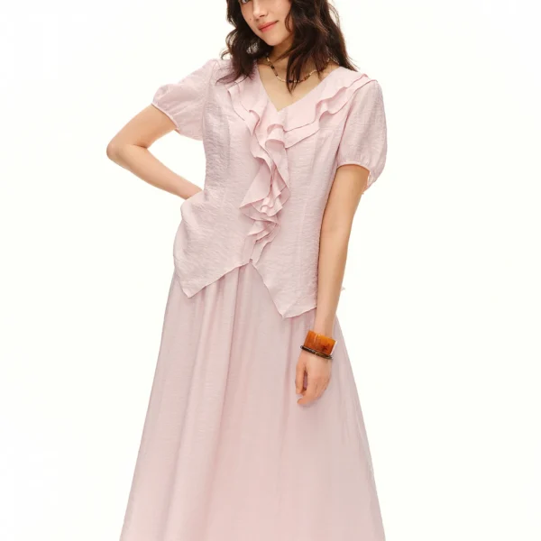 DUSHU Women Skirt Sets Pink Age-reducing Elegant Ruffled V-neck Blouses Lace Camisole Skirt Three-piece Set Summer Short Sleeve