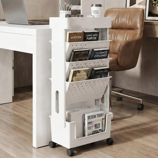 5-Tier Books Documents Storage Box Removable Utility Organizer Rolling Bookshelf with Rotate Wheels Large Capacity Storage Shelf