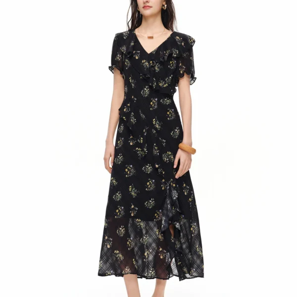 DUSHU 2026 Summer Women’s Subtle Grid Floral Dress with Flounce Trim – Sweet Feminine Style for Daily and Date Nights