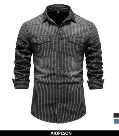 AIOPESON Cotton Men Denim Shirts Striped Stretch Long Sleeve High Quality Jeans Shirts for Men Casual Slim Cowboy Shirts Man 1