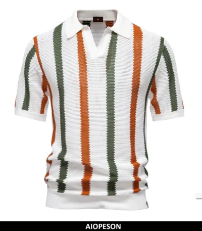 AIOPESON Men's Ribbed Knit Polo Shirt For Breathable Striped Casual Wear with Comfortable Collar High quality Male Polo Shirt 1