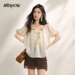 MISHOW Women Lyocell V-Neck Blouse 2026 New Summer 3D Floral Puff Sleeve Loose Lazy Casual Top with Matching Camisole MXF22X2590