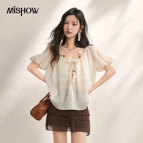MISHOW Women Lyocell V-Neck Blouse 2026 New Summer 3D Floral Puff Sleeve Loose Lazy Casual Top with Matching Camisole MXF22X2590