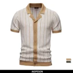 AIOPESON 2025 Men’s Striped Mesh Polo Shirt – Breathable Contrast Panel Knit Top with Turn-Down Collar