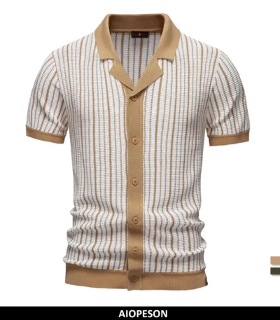 AIOPESON 2025 Men's Striped Mesh Polo Shirt - Breathable Contrast Panel Knit Top with Turn-Down Collar 1