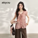 MISHOW Women’s Ramie Blouse 2026 Summer Ruffle V Neck Tie Front Blouses Raglan Sleeve Solid Loose Breathable Top MXF27X2708