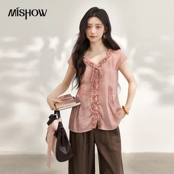 MISHOW Women’s Ramie Blouse 2026 Summer Ruffle V Neck Tie Front Blouses Raglan Sleeve Solid Loose Breathable Top MXF27X2708